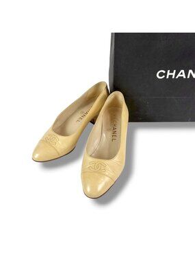 Chanel Coco Low Heeled Pumps CC Logo Beige Heels